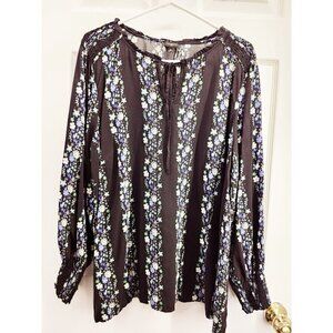 Talbots Black Floral Peasant Blouse Top Womens Size 2X Smocked Cuffs Shoulders
